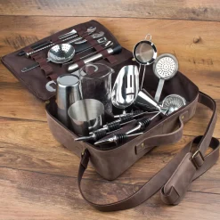 Bartasche aus Leder, braun, Prime Bar - mit Barzubehör (Tin in Tin)