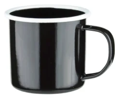 Emaille-Becher mit Henkel, schwarz mit weißem Rand - 360ml