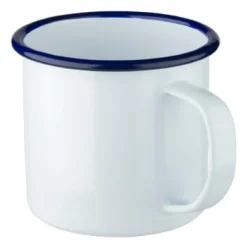 Emaille-Becher mit Henkel, weiß mit blauem Rand - 360ml