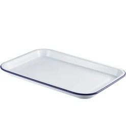 Emaille-Serviertablett, weiß mit blauem Rand - 38,2x26,4x2,2cm