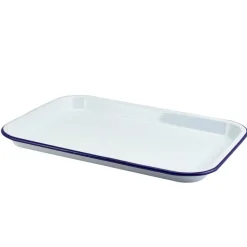 Emaille-Serviertablett, weiß mit blauem Rand - 33,5x23,5x2,2cm