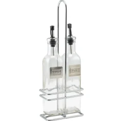 Öl- und Essigflaschen mit Ständer - Glas, Metall