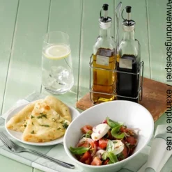 Öl- und Essigflaschen mit Ständer - Glas, Metall