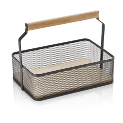 Table Caddy / Metall Korb mit Holzgriff, 23,5x15,6x7,5cm - schwarz