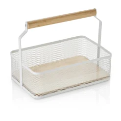 Table Caddy / Metall Korb mit Holzgriff, 23,5x15,6x7,5cm - weiß